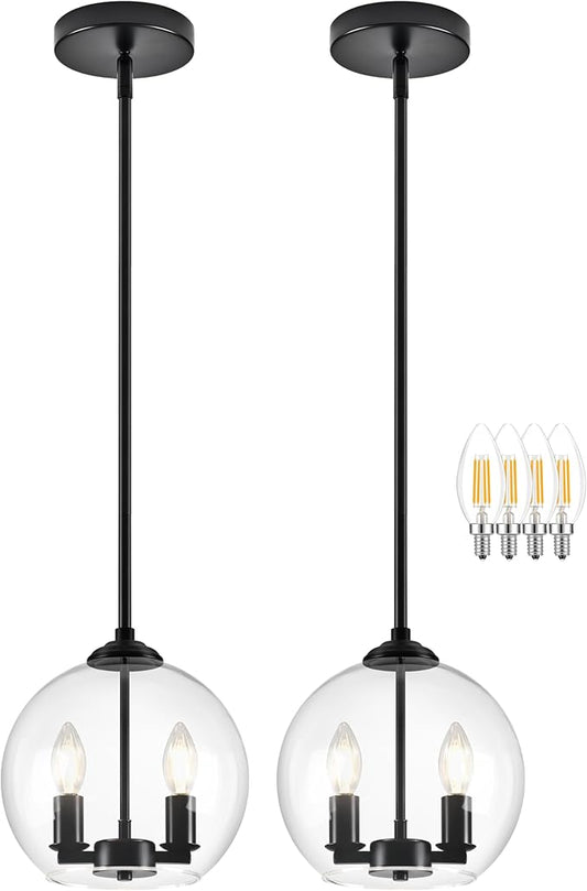 10" Globe Pendant Lights Kitchen Island 2 Pack Glass Globe Pendant Light Fixture Bedroom Mid Century Modern Pendant Lighting Black Pendant Light for Kitchen Island (Bulb Incl.)