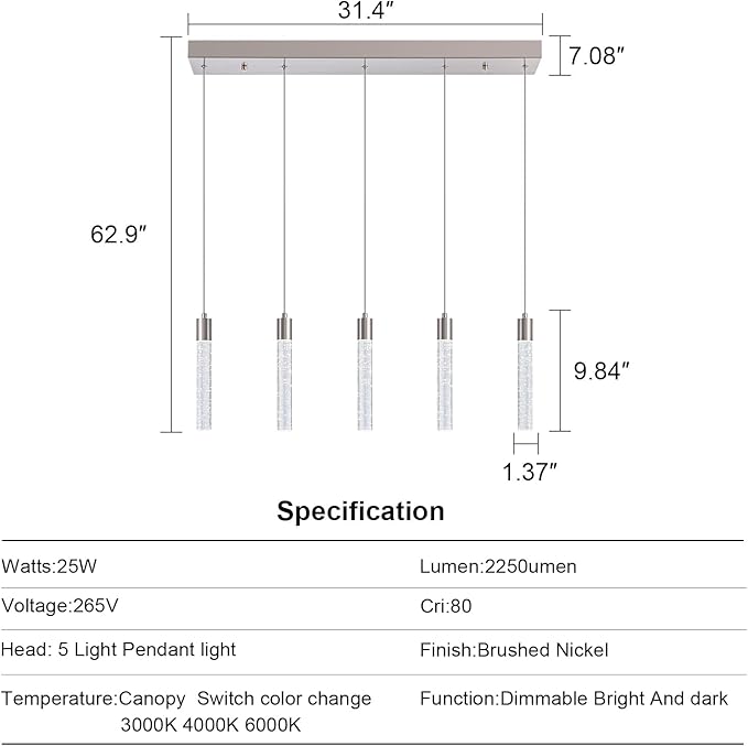 Modern Pendant Lights Kitchen Island,Brushed Nickel Crystal Chandelier Lights, Switch 3000-4000-6000K Dimmable Kitchen Pendant Lighting for Kitchen Island, Dining Room, Bar Counter