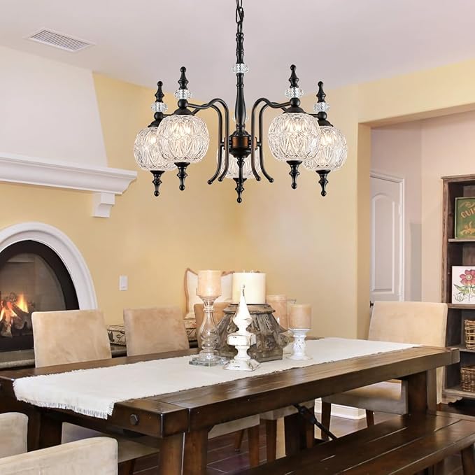 Chandeliers Modern 5-Light Chandelier Black Kitchen Island Pendant Light Fixtures Finish with Crystal Glass Shade for Kitchen Island Living Room