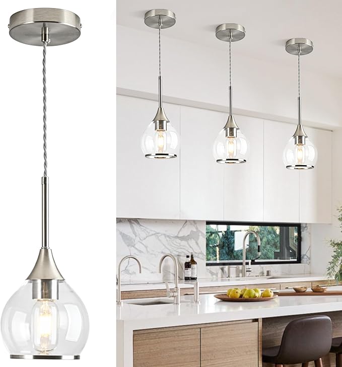 1-Piece Island Light for Kitchen, 1-Light Brushed Nickel Kitchen Island Hanging Pendant Light with Clear Round Glass Shades, Brushed Nickel Finish Dining Room Light Fixture Over Table