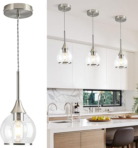 1-Piece Island Light for Kitchen, 1-Light Brushed Nickel Kitchen Island Hanging Pendant Light with Clear Round Glass Shades, Brushed Nickel Finish Dining Room Light Fixture Over Table