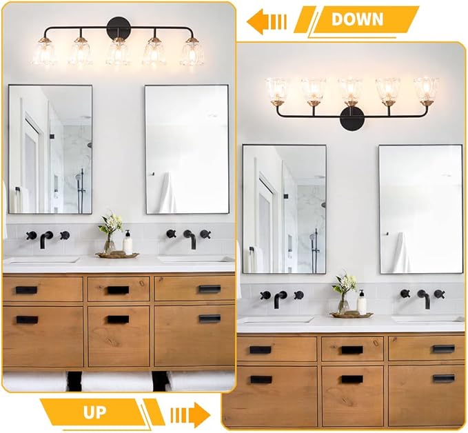 Daunton Vintage Vanity Lighting for Bathroom, Black and Gold Bathroom Vanity Light Fixtures with Clear Glass Shade, Elegant 5-Light Lighting Fixtures Over Mirror, Wall Sconce Lighting for Bedroom
