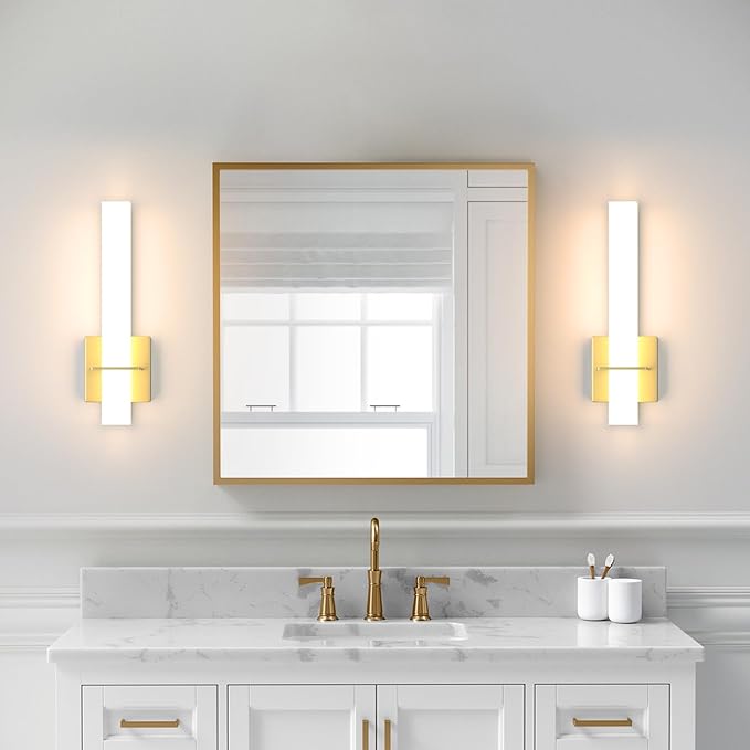 15.7inches Modern Led Wall Sconces,18W 3000K 1200Lumen Bathroom Vanity Wall Lights with White Acrylic Lampshade,Indoor Hardwired Wall Lamp for Bedroom Living Room(Gold,2-Pack)