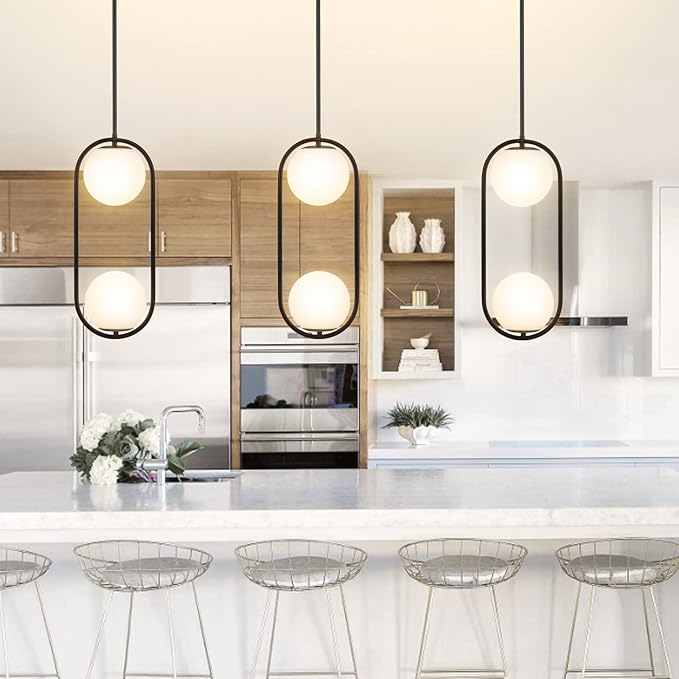 BYOLIIMA 2-Lights Modern Globe Chandelier Mid Century Pendant Light Matte Black Ceiling Hanging Lighting Fixture with White Globe Glass Lampshade for Kitchen Island Dining Room Bedroom