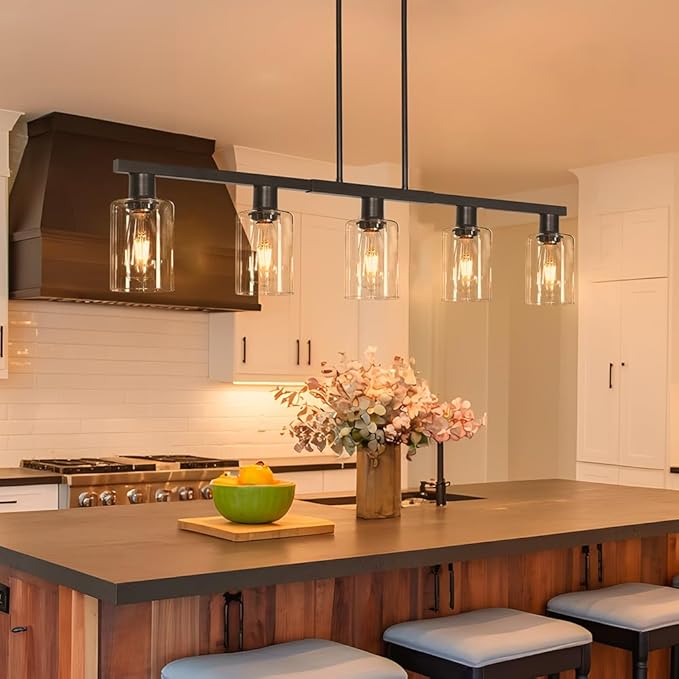 5-Light Kitchen Island Light, Black Dining Room Light Fixture Over Table, Farmhouse Linear Pendant Lights Kitchen Island with Glass Shade, Chandeliers for Pool Table, Sink, Bar, Height Adjustable