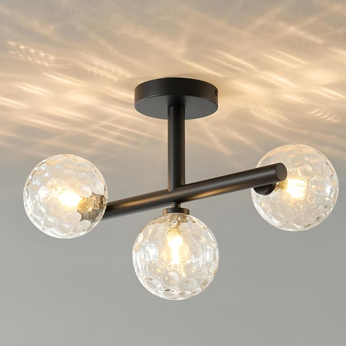 Modern Globe Glass Ceiling Light: 13 Inch Sputnik Semi Flush Mount Light with Hammered Clear Glass Shade - 3 Lights Black Ceiling Lighting Fixture - Dimmable Linear Chandelier for Bedroom Living Room