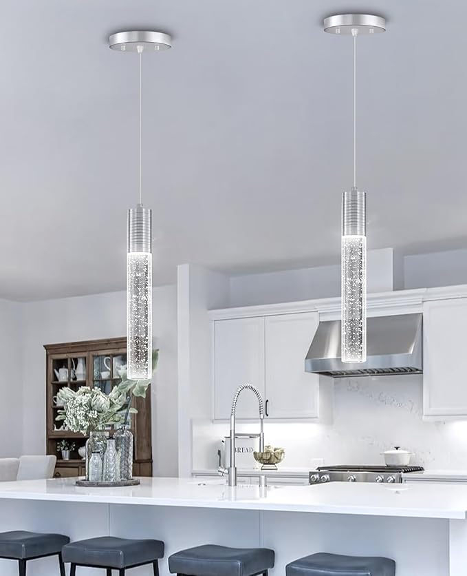 HAIXIANG Set of 2 Pendant Lights for Kitchen Island, White Light, Silver Crystal Linear Pendant Lighting, Bar Corner LED Light Fixture