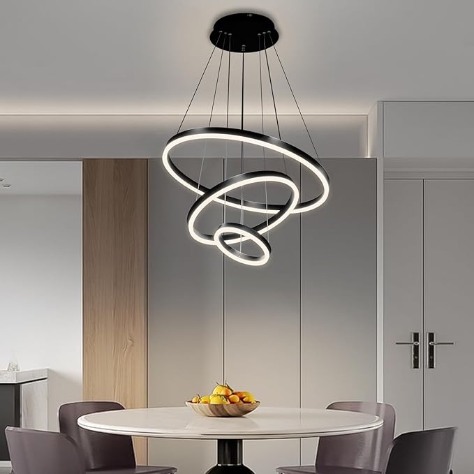 Viruhaka Modern LED Pendant Light, Black Circular Chandelier Fixture, Adjustable Height Circular Entrance Pendant Light, Suitable for Restaurants, Kitchens, Islands, Living Rooms, Cafes, Etc. (4000K)