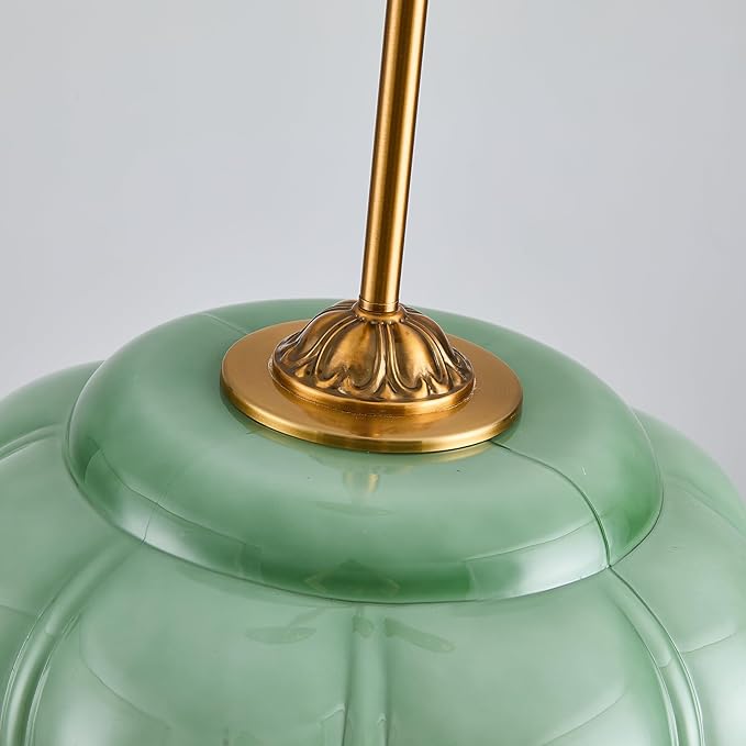 15-Inch Vintage Semi Flush Mount Ceiling Light, Green Glass Chandelier with Antique Brass Finish, Mid Century Modern Schoolhouse Pendant Light Fixtures for Kitchen, Hallway, Dining Room