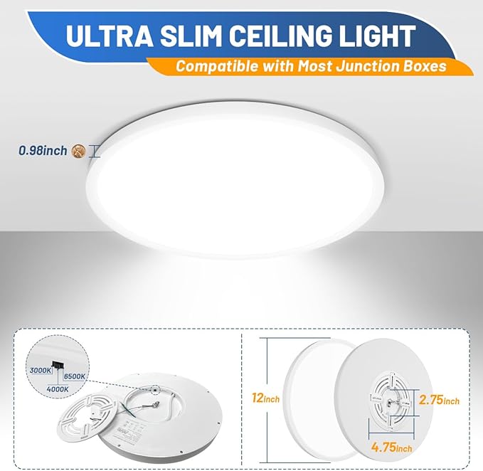 Allsmartlife 4-Pack LED Flush Mount Ceiling Light, 12inch 24W 2880lm Dimmable CCT 3000K/4000K/6500K Edge-Lit Thin White Round Flat Panel Light Surface Mount for Kitchen，Hallway，Bedroom