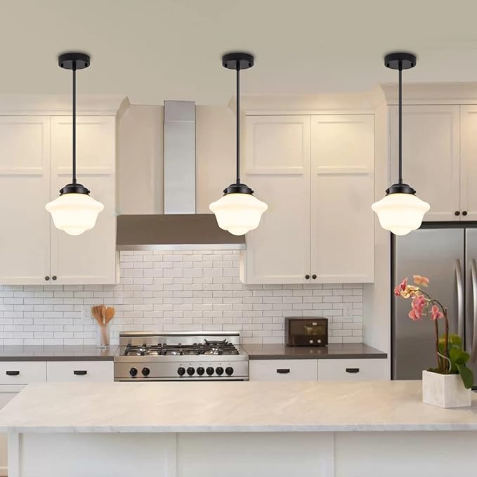 Set of 3 Schoolhouse Pendant Light, 8" Farmhouse Black Pendant Light Ceiling, Milk Glass Lamp, Modern Black Kitchen Over Island for Dinning Room Living Room