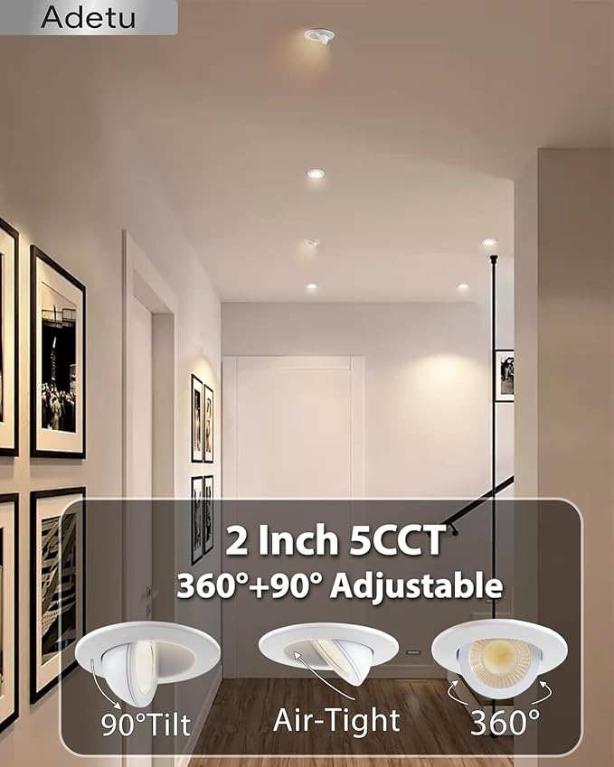 Adetu 2 Inch 5CCT Gimbal Led Recessed Lighting with Junction Box, 360°+90° Adjustable Recessed Can Lights, 2700K/3000K/3500K/4000K/5000K Selectable, 5W Eqv 50W, 550LM Brightness - ETL (White,6 Pack)
