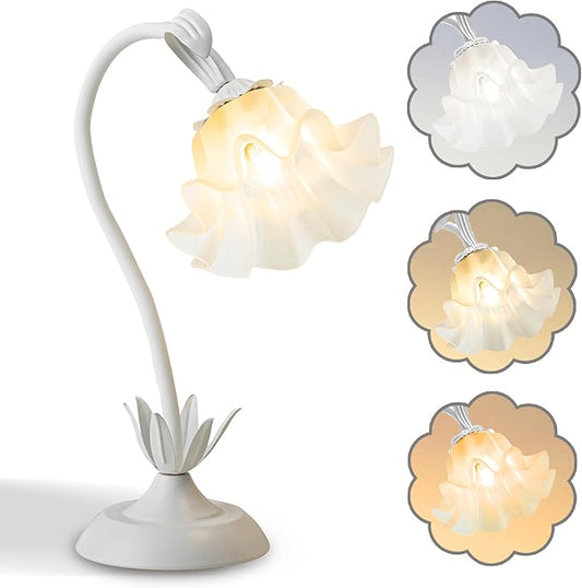 AQDZCNF Flower Table Lamp,LED Reading Light Bedside Vintage Flower Night Light,3 Colors Modes Kawaii Bedside Lamps Decor,Living Room Bedroom Room Lighting Table Lamps Home Decoration (White)