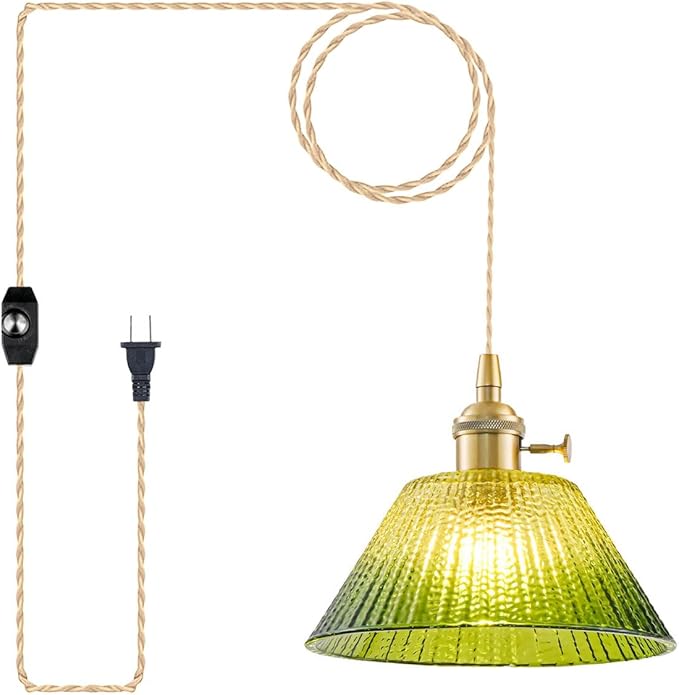 Plug in Pendant Light Vintage, Dimmable Pulley Hanging Lamp with Gradient Green Glass Shade, Brass Hanging Lights with Plug in Cord for Living Room, Compatible with Indoor Plant Grow Light Bulbs