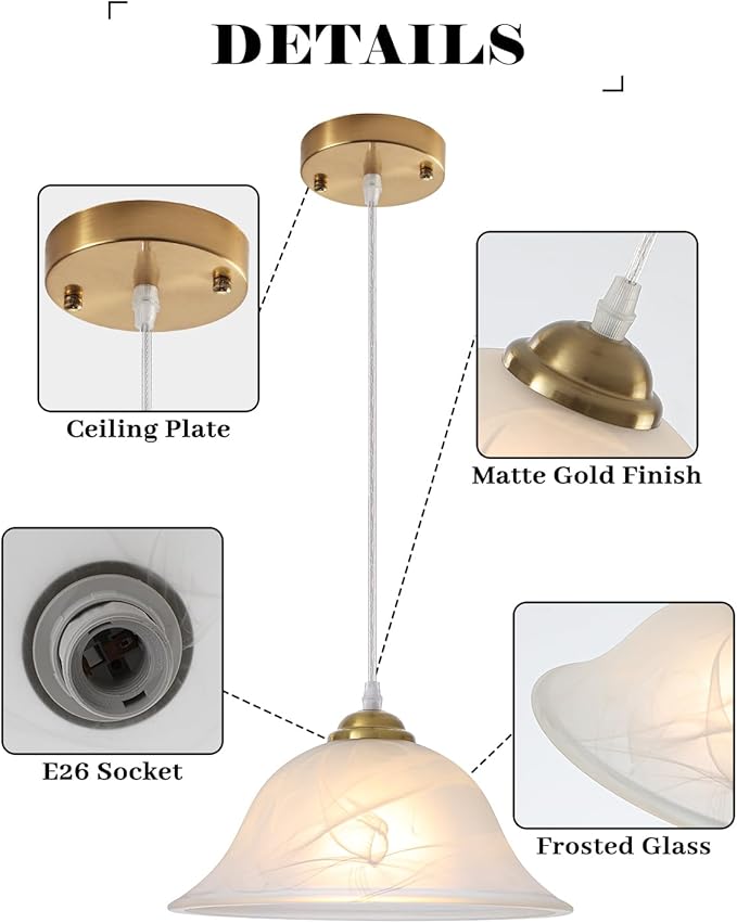 Island Pendant Lights for Kitchen, 11.8 Inch Vintage Gold Pendant Light, Frosted Glass Pendant Light 1-Pack,Hanging Kitchen Lights for Kitchen Island, Dining Room, Bar, Cafe