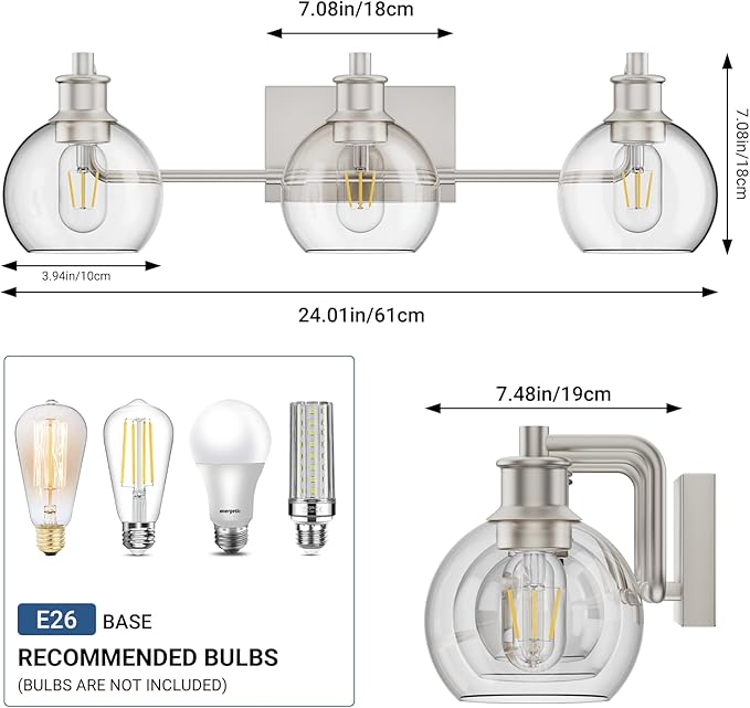 Tipace 3 Lights Vanity Light Bathroom Light Fixture Over Mirror for Bathroom Glass Shade Lights Brushed Nickel Vintage Lighting Fixture(Exclude Bulb)
