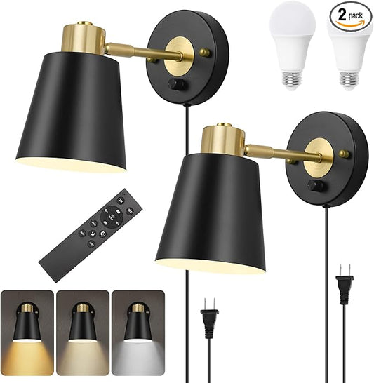 VATONI Wall Sconce Plug in, Remote Control Dimmable Wall Sconces and Adjustable Color Temperature 2700K-6000K Wall Lights with Plug in Cord, Wall Mounted Light for Bedroom Bedside(2 Pack, 2 Bulbs)