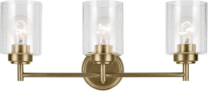 Kichler Winslow 21.5" 3-Light Bathroom Vanity Light Fixture with Clear Seeded Glass in Natural Brass for Luxe Industrial Style Over Mirror (21.5" x 9.25"), 45886NBR