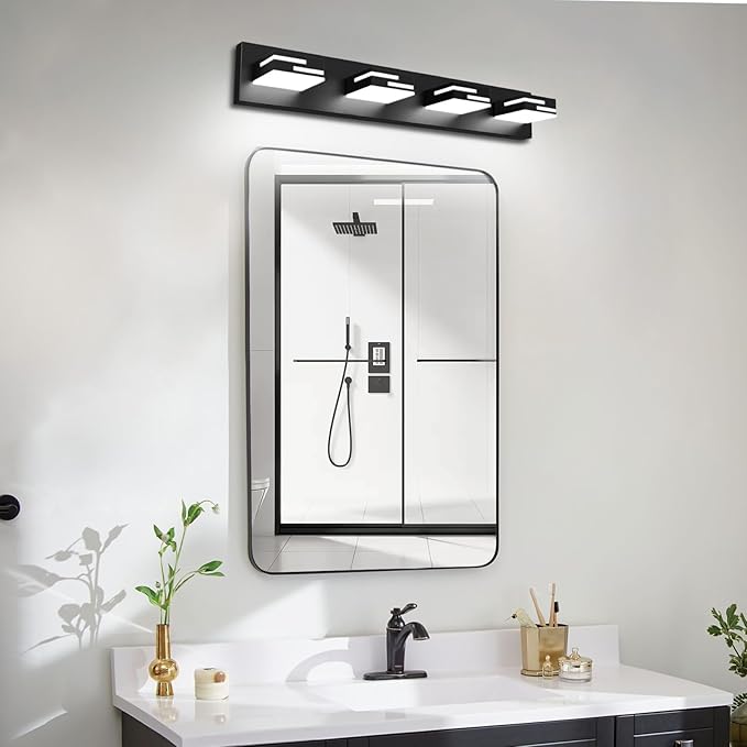 LED Modern Bathroom Vanity Light Fixtures, 4-Light 28-inch Dimmable Matte Black Vanity Lights for Bathroom Lighting Fixtures Over Mirror, with 360° Rotatable Acrylic Heads (Cool White 6000K)