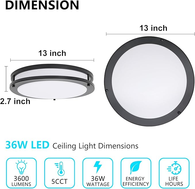 OOWOLF 4-Pack 13inch Flush Mount LED Ceiling Light Fixture, 5CCT 36W 3600LM, 3000K 3500K 4000K 5000K 6000K 5 Color Selectable Dimmable Ceiling Lamp, Black Ceiling Light for Kitchen Bedroom Bathroom