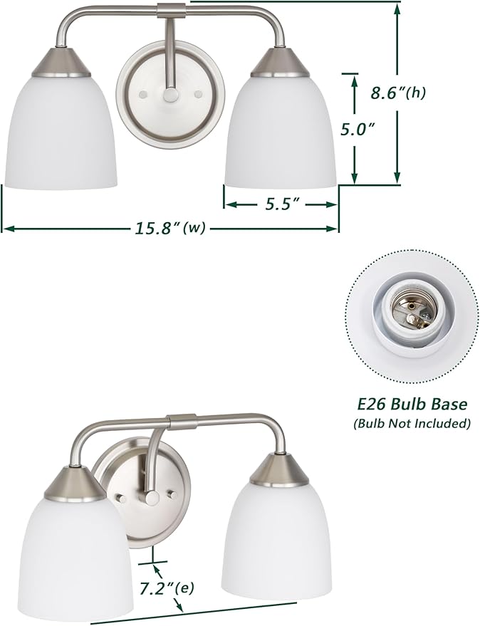 2-Light Traditional Bathroom Vanity Light Fixtures Over Mirror, Modern Vanity Lights for Living Room, Standard E26 Base, Brushed Nickel