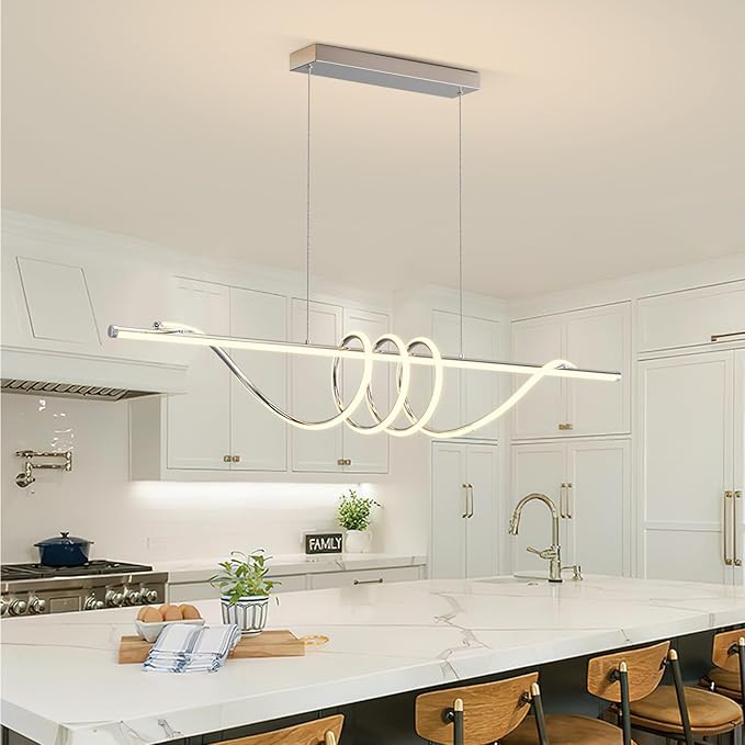 Modern LED Pendant Lights Kitchen Island,3000k-6000K Adjustable Color Dining Room Light Fixture,Dimmable with Remote Control Aluminum for Kitchen, Living, Dining,Bedroom(57in Chrome Silver