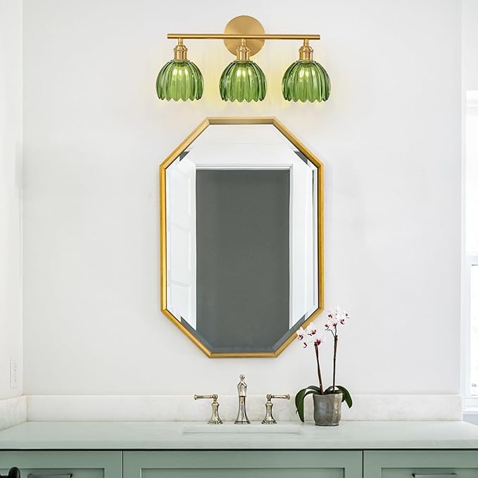 Gold Bathroom Light Fixtures Over Mirror, 3 Light Bathroom Vanity Light Fixture with Tulip Green Glass Lampshade, Vintage Vanity Lights for Bathroom, Bathroom Vanity Lights Over Mirror