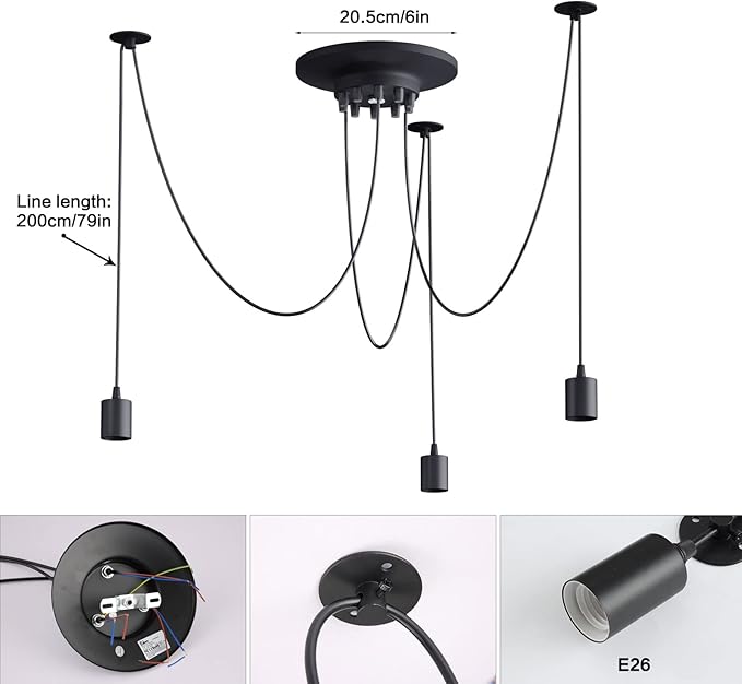 Fuloon Vintage Edison Multiple Ajustable DIY Ceiling Spider Lamp Light Pendant Lighting Chandelier Modern Chic Industrial Dining Without Romote Control (3 Head Cable 200cm/78.7inch) (3 Head)