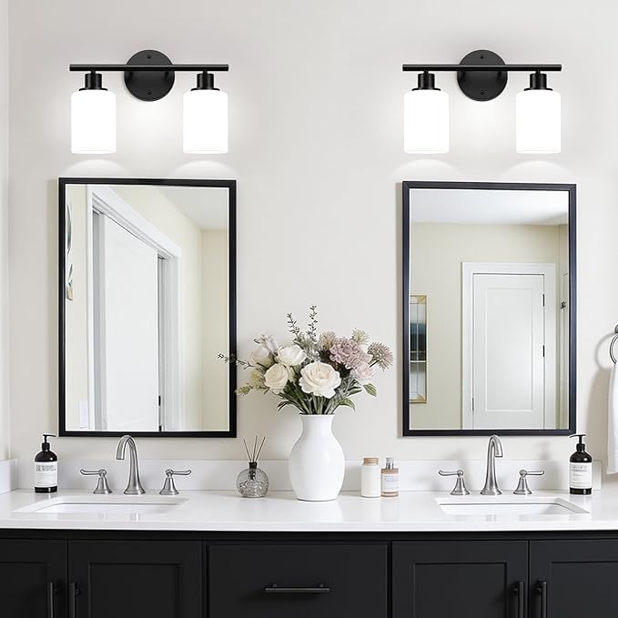 Zarbitta 2-Light Bathroom Light Fixtures,Black Modern Vanity Lights with Milky White Frosted Glass Shades,Bathroom Wall Lamp for Mirror Kitchen Living Room Hallway Cabinet Porch