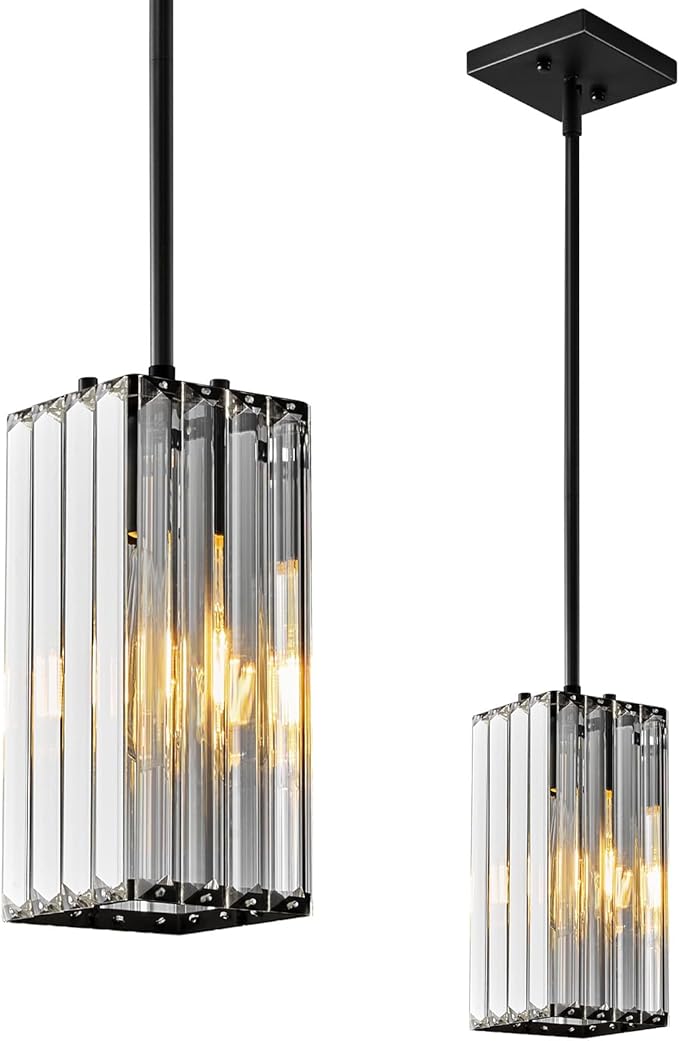 Modern Pendant Light Black Rectangle Pendant Lighting Mini Crystal Chandeliers Adjustable Pendant Light Fixture for Kitchen Island Dinning Room Living Room Corridor Bedroom(Black 1-Pack)