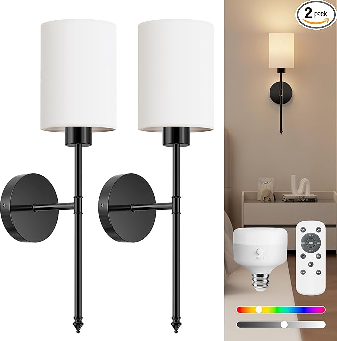 NIORSUN Battery Operated Wall Sconce Set of 2, Black Wireless Rechargeable Wall Lights with 5200mAh Dimmable Detachable Bulbs and Remote, 9 Colors Sconces Wall Decor for Bedroom Living Room Hallway
