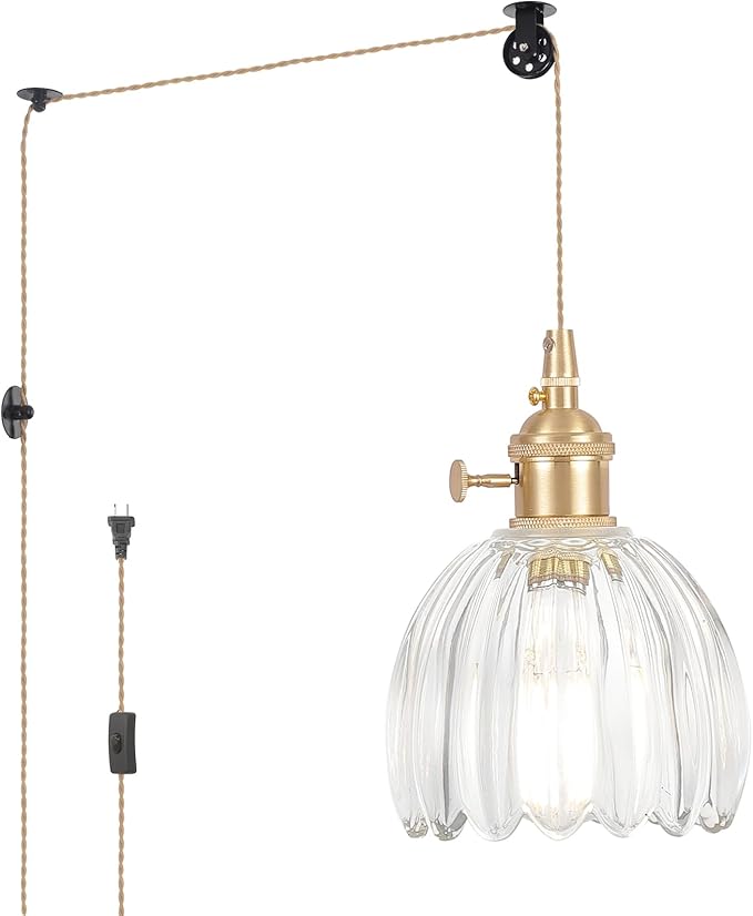 Shenmoyl Plug in Pendant Light Hanging Light Fixture Corded On/Off Switch Brass Pendant Light with Clear Tulip Glass Lampshade for Bedroom Living Room Kitchen Island