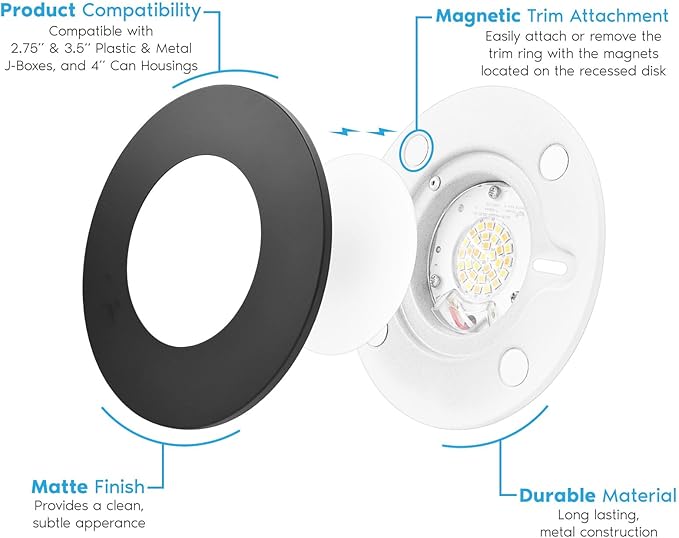 LUXRITE 3-4 Inch LED Flush Mount & Recessed Light, 7.5W, 5CCT 2700K-5000K, 650LM, Magnetic Trim, Dimmable Ceiling Can Light, Install to J-Box or 4 Inch Housing, Wet Rated, UL Listed, Black