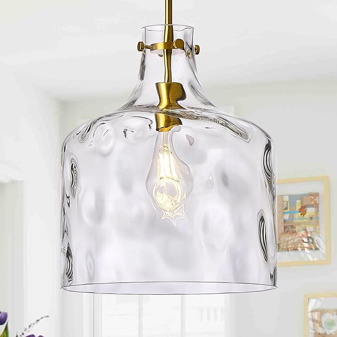 12" Farmhouse Pendant Light, Hand-Blown Clear Hammered Glass Hanging Light Fixture with Brass Gold Finish, Adjustable Chain Ceiling Light for Kitchen Island, Dining Room, Hallway, E26 Socket