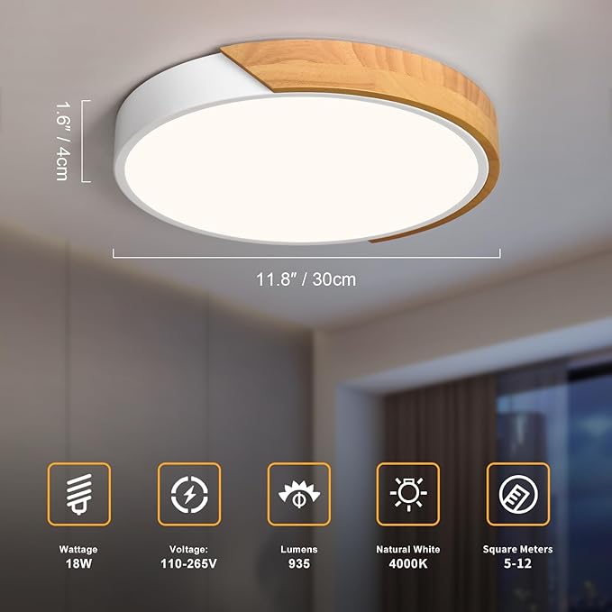 Vikaey Modern LED Ceiling Light, Minimalist Wood Style Flush Mount Ceiling Light Fixture, Circle Lighting Lamp with Acrylic Lampshade for Bedroom Living Room Dining Room Laundry (White, 11.8'')