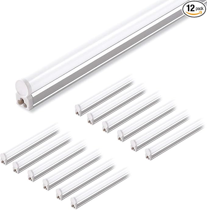 Barrina (Pack of 12 LED T5 Shop Light, 4FT, 2200lm, 6500K (Super Bright White), 20W, Utility Shop Lights, Ceiling and Under Cabinet Light, ETL Listed, Corded Electric with ON/Off Switch
