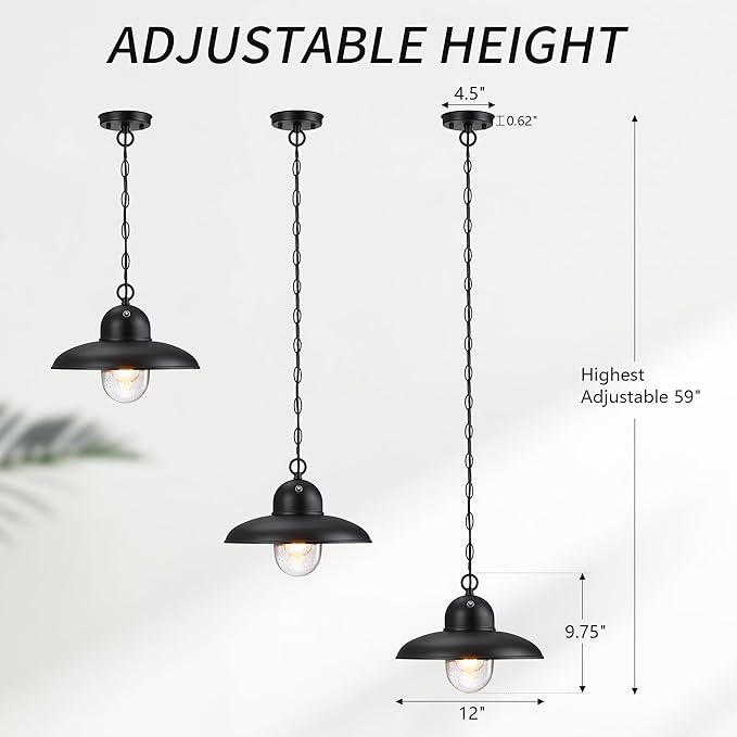 Dusk to Dawn Outdoor Pendant Lights for Porch 12", Outdoor Farmhouse Hanging Light Fixture with Adjustable Chain and Bubble Glass, Black Rustic Exterior Pendant Light for Front Door, Gazebo