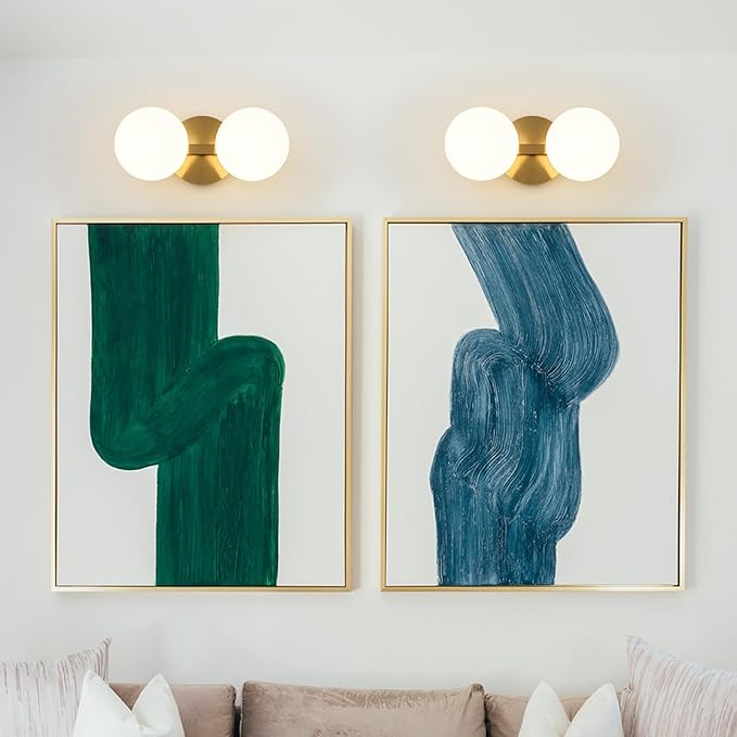 Gold Bathroom Vanity Light Fixtures: Modern Wall Scones With 2 Milk Glass Shades - Globe Makeup Lighting Fixture over Mirror - Brass Ball Powder Room Vanities Lights for Hallway Bedroom Bulbs Excluded