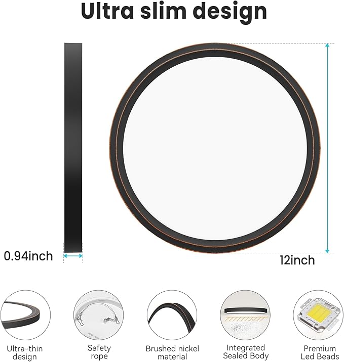 libtit 12 inch Flush Mount LED Ceiling Light Fixture, 3000K 4500K 6500K Adjustable, 28W 3200lm Vintage Bronze Lighting Fixtures for Bathroom Shower Hallway Kitchen, 1 Pack
