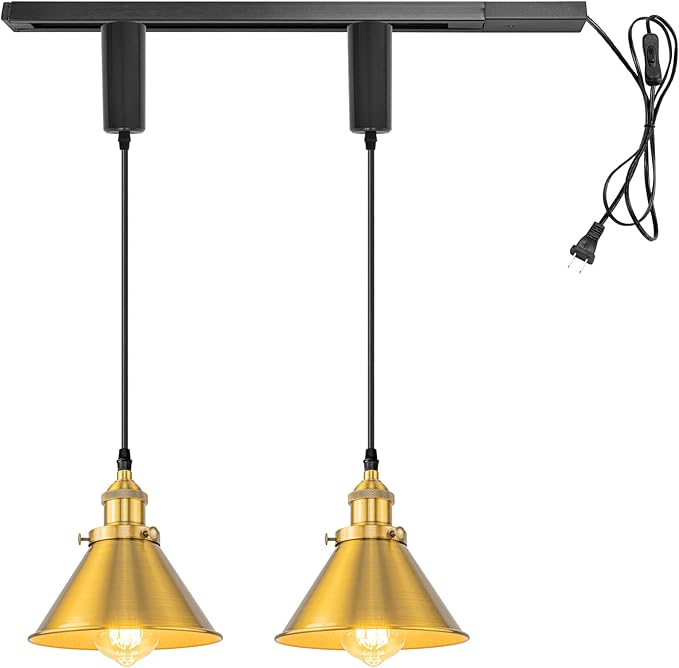 1x Plug in Cable Track Rail, 2X Adjustable Cord Gold Track Lighting Fixtures E26 Base H-Type Vintage Design for Kitchen Loft(No Bulb)