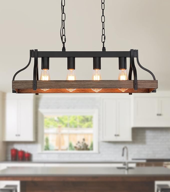 MEIXISUE Rustic Kitchen Island Dining Room Light Fixture Farmhouse Linear Chandelier Black and Retro Wood Finish 4-Light Industrial Metal Hanging Pendant Light UL Listed L28.3 W10.6
