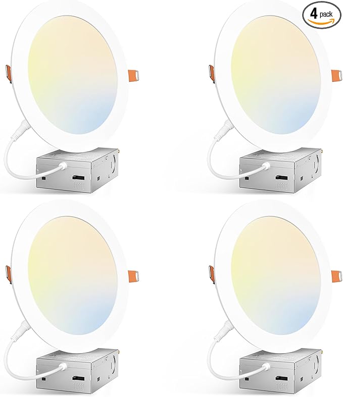 Amico 4 Pack 7 Inch 5CCT Ultra-Thin LED Canless Recessed Ceiling Light with Junction Box, 2700K/3000K/3500K/4000K/5000K Selectable, 15W=100W, 1300LM High Brightness, Dimmable Wafer Downlight-ETL&FCC