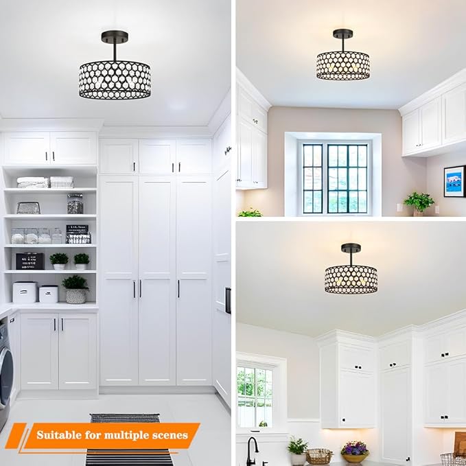 Black Crystal Ceiling Light Fixture - Modern Semi Flush Mount Ceiling Light for Hallway, Kitchen Lighting Fixtures Ceiling, Dazzling Prism Chandelier for Foyer Closet Bedroom, 3 Light, 12 in