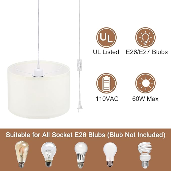 PATIKIL Plug in Pendant Light, 2 Pack 15Ft Rope Cord Hanging Lamp Fixture with ON/Off Switch, Linen Fabric Shade E26/E27 Bulb Socket for Bedroom Kitchen Living Room, Beige White