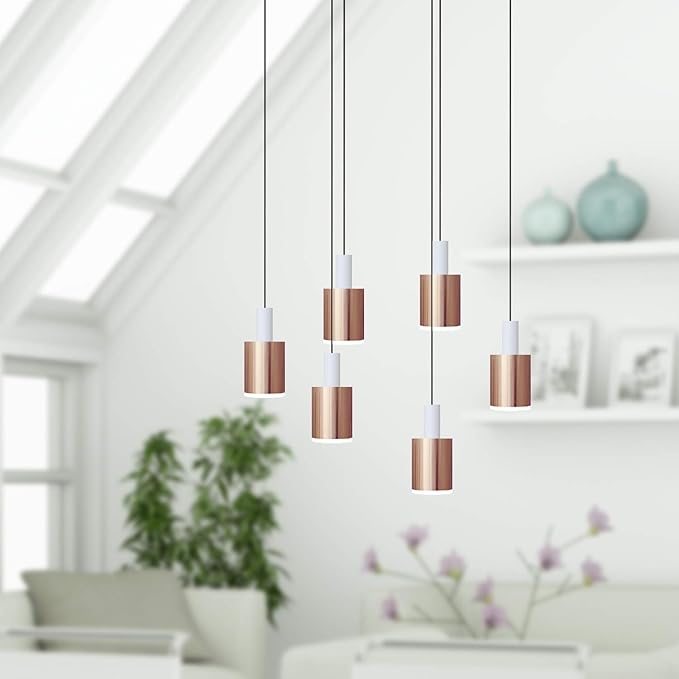 Virgo 6 Mini Pendant Lighting White-Copper - LED Hanging Light Fixture for Kitchen Island, Bar, Foyer - Cluster Pendants - Dimmable, Adjustable Wire, Lamp Bulb Included