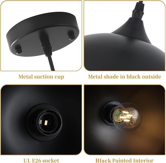 9.8 inch Farmhouse Pendant Lights Kitchen Island 3 Pack, Matte Black Dome Pendant Lights, Industrial Kitchen Pendant Lighting, Island Lights for Kitchen, Dining Room