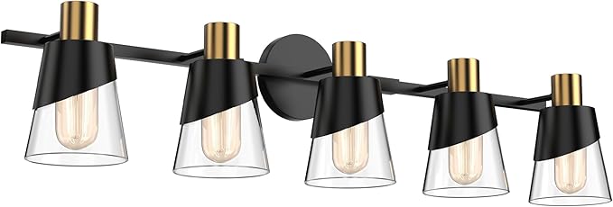 URSOLA Bathroom Light Fixtures, 5 Lights 36inch Black and Gold Vanity Light, Bathroom Lighting Fixtures Over Mirror, Wall Light with Clear Glass Shade, E26 Base (Bulbs Not Included)