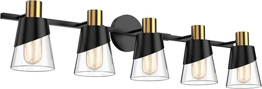 URSOLA Bathroom Light Fixtures, 5 Lights 36inch Black and Gold Vanity Light, Bathroom Lighting Fixtures Over Mirror, Wall Light with Clear Glass Shade, E26 Base (Bulbs Not Included)