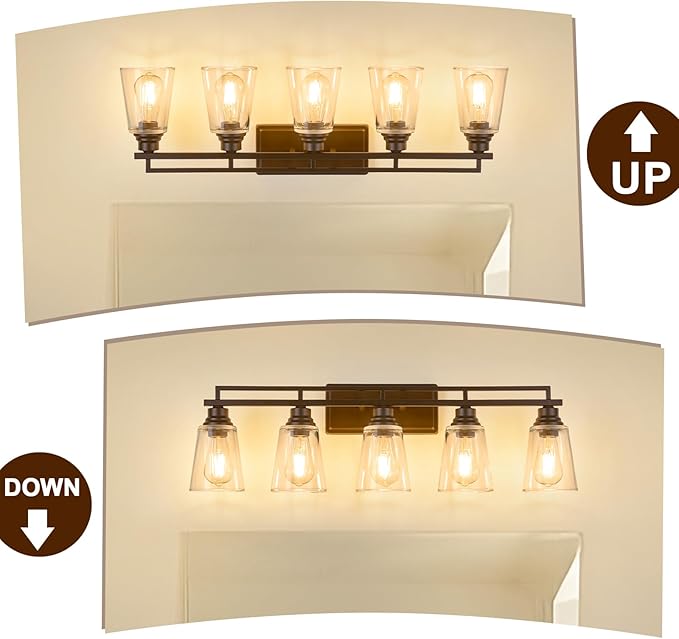 Refice 5-Light Bathroom Vanity Lights, Bathroom Light Fixtures with Clear Glass Shades, Vintage Oil Rubbed Bronze Wall Sconces Over Mirror for Living Room, Farmhouse, Hallway