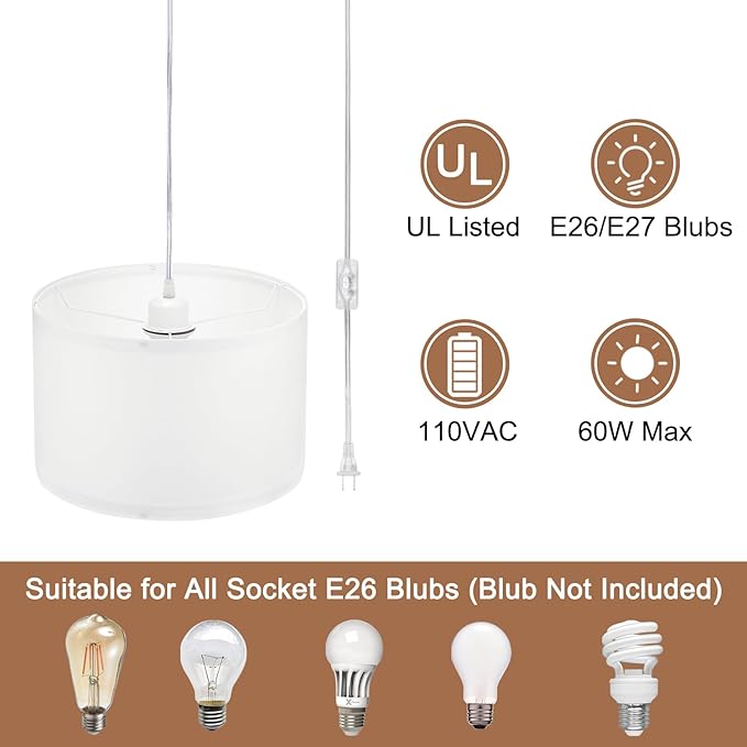 PATIKIL Plug in Pendant Light, 2 Pack 15Ft Rope Cord Hanging Lamp Fixture with ON/Off Switch, Linen Fabric Shade E26/E27 Bulb Socket for Bedroom Kitchen Living Room, White